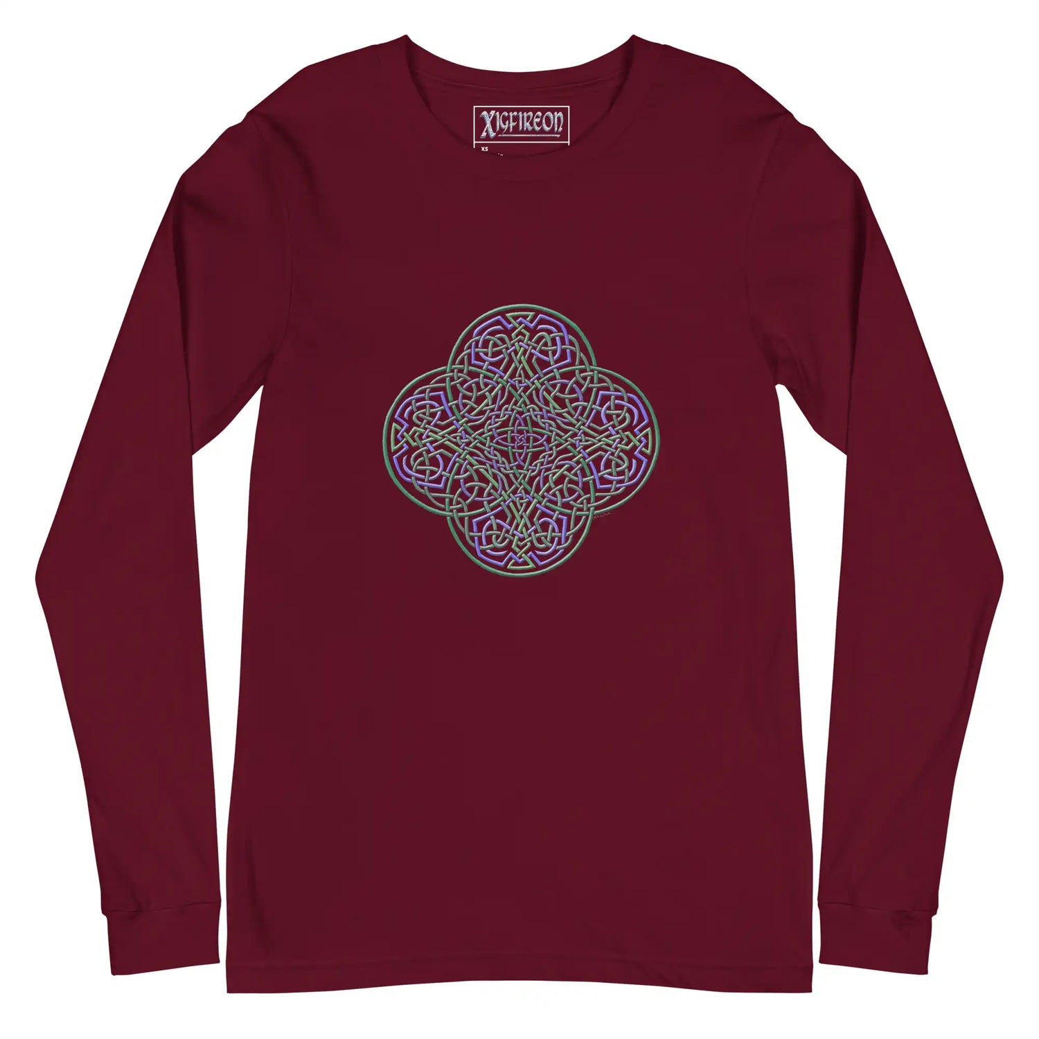 A maroon Xigfireon long sleeve graphic t-shirt featuring the Living Colour iteration of the Reach Of The Spirit Celtic knot design. The Reach Of The Spirit Celtic knot symbolizes Mother Earth.