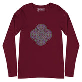 A maroon Xigfireon long sleeve graphic t-shirt featuring the Living Colour iteration of the Reach Of The Spirit Celtic knot design. The Reach Of The Spirit Celtic knot symbolizes Mother Earth.