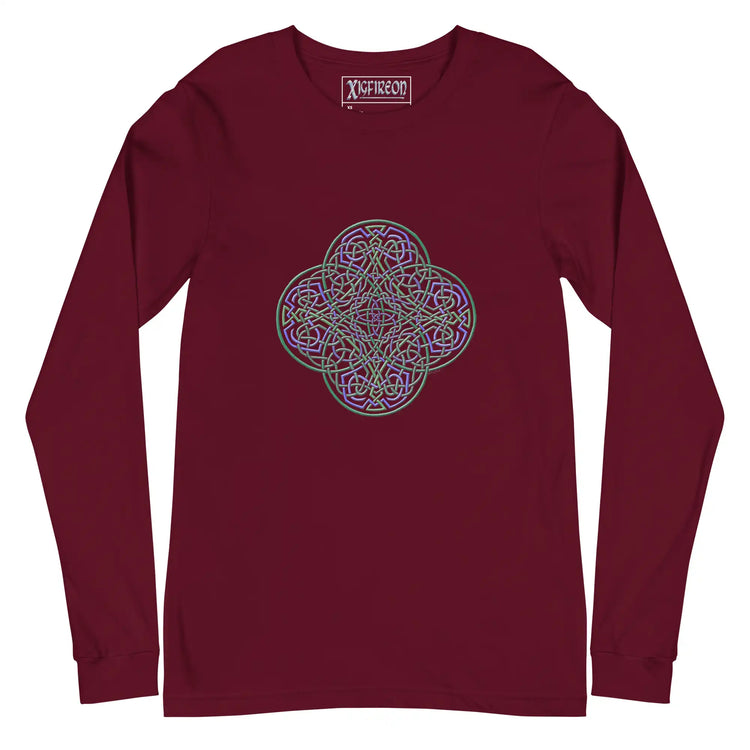 A maroon Xigfireon long sleeve graphic t-shirt featuring the Living Colour iteration of the Reach Of The Spirit Celtic knot design. The Reach Of The Spirit Celtic knot symbolizes Mother Earth.