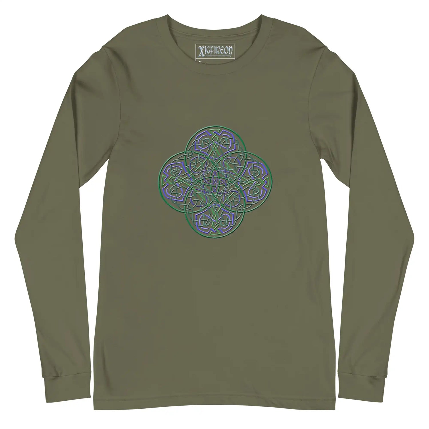 A military green Xigfireon long sleeve graphic t-shirt featuring the Living Colour iteration of the Reach Of The Spirit Celtic knot design. The Reach Of The Spirit Celtic knot symbolizes Mother Earth.