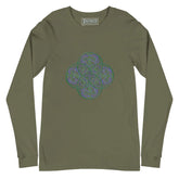 A military green Xigfireon long sleeve graphic t-shirt featuring the Living Colour iteration of the Reach Of The Spirit Celtic knot design. The Reach Of The Spirit Celtic knot symbolizes Mother Earth.