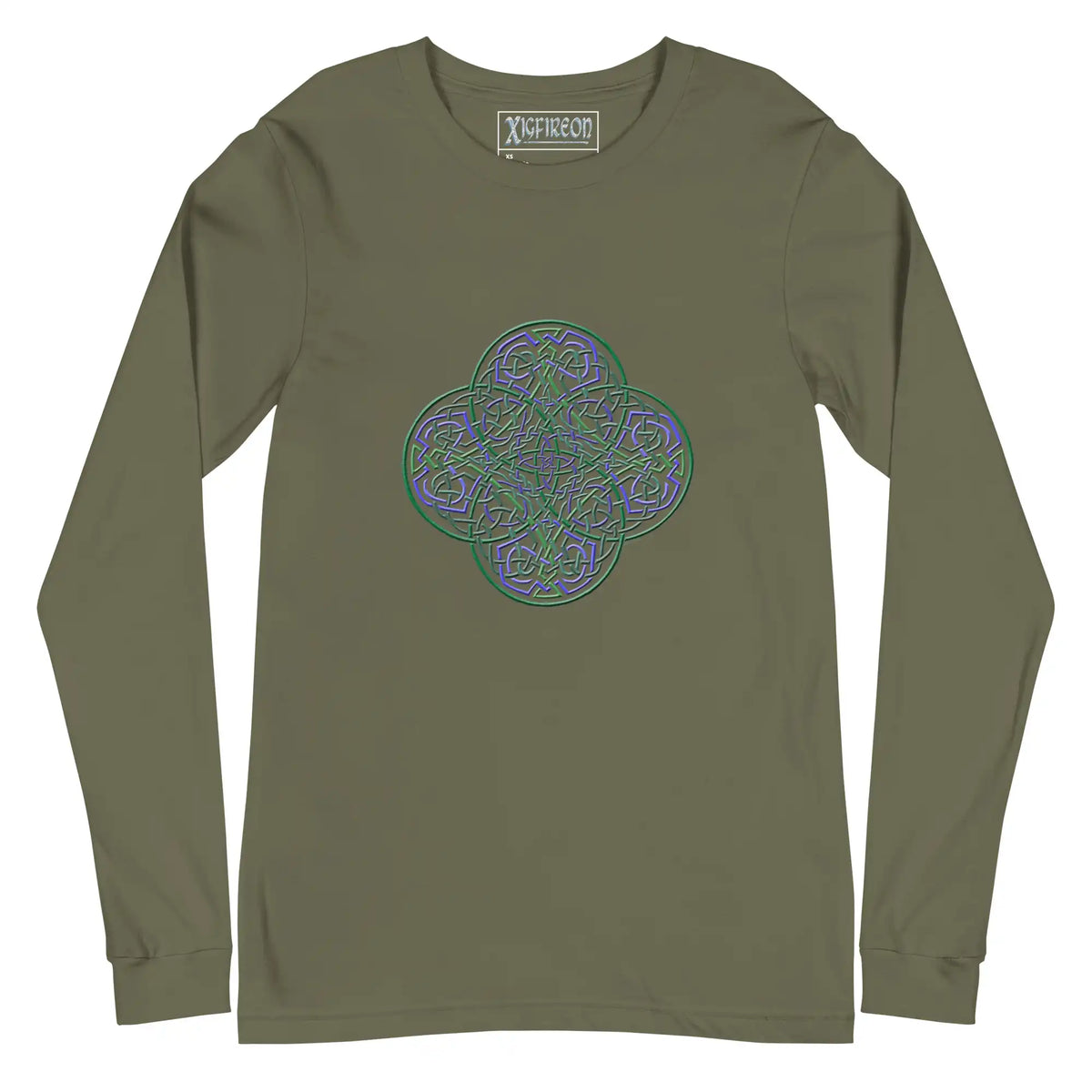 A military green Xigfireon long sleeve graphic t-shirt featuring the Living Colour iteration of the Reach Of The Spirit Celtic knot design. The Reach Of The Spirit Celtic knot symbolizes Mother Earth.