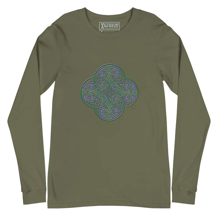 A military green Xigfireon long sleeve graphic t-shirt featuring the Living Colour iteration of the Reach Of The Spirit Celtic knot design. The Reach Of The Spirit Celtic knot symbolizes Mother Earth.