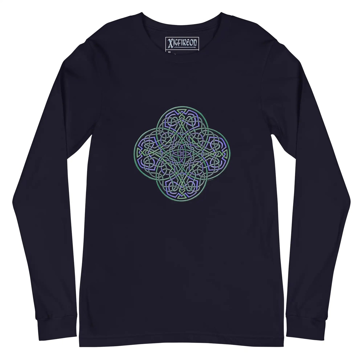 A navy blue Xigfireon long sleeve graphic t-shirt featuring the Living Colour iteration of the Reach Of The Spirit Celtic knot design. The Reach Of The Spirit Celtic knot symbolizes Mother Earth.