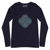 A navy blue Xigfireon long sleeve graphic t-shirt featuring the Living Colour iteration of the Reach Of The Spirit Celtic knot design. The Reach Of The Spirit Celtic knot symbolizes Mother Earth.