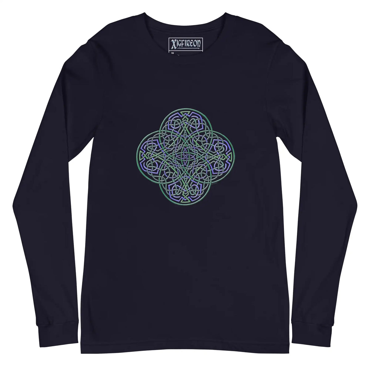 A navy blue Xigfireon long sleeve graphic t-shirt featuring the Living Colour iteration of the Reach Of The Spirit Celtic knot design. The Reach Of The Spirit Celtic knot symbolizes Mother Earth.