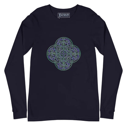 A navy blue Xigfireon long sleeve graphic t-shirt featuring the Living Colour iteration of the Reach Of The Spirit Celtic knot design. The Reach Of The Spirit Celtic knot symbolizes Mother Earth.