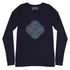 A navy blue Xigfireon long sleeve graphic t-shirt featuring the Living Colour iteration of the Reach Of The Spirit Celtic knot design. The Reach Of The Spirit Celtic knot symbolizes Mother Earth.