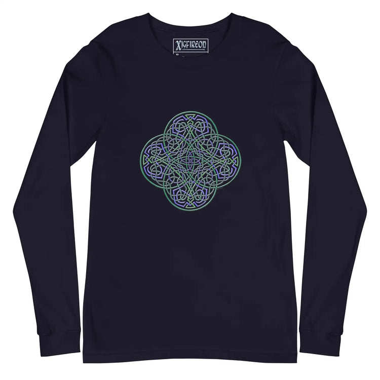A navy blue Xigfireon long sleeve graphic t-shirt featuring the Living Colour iteration of the Reach Of The Spirit Celtic knot design. The Reach Of The Spirit Celtic knot symbolizes Mother Earth.
