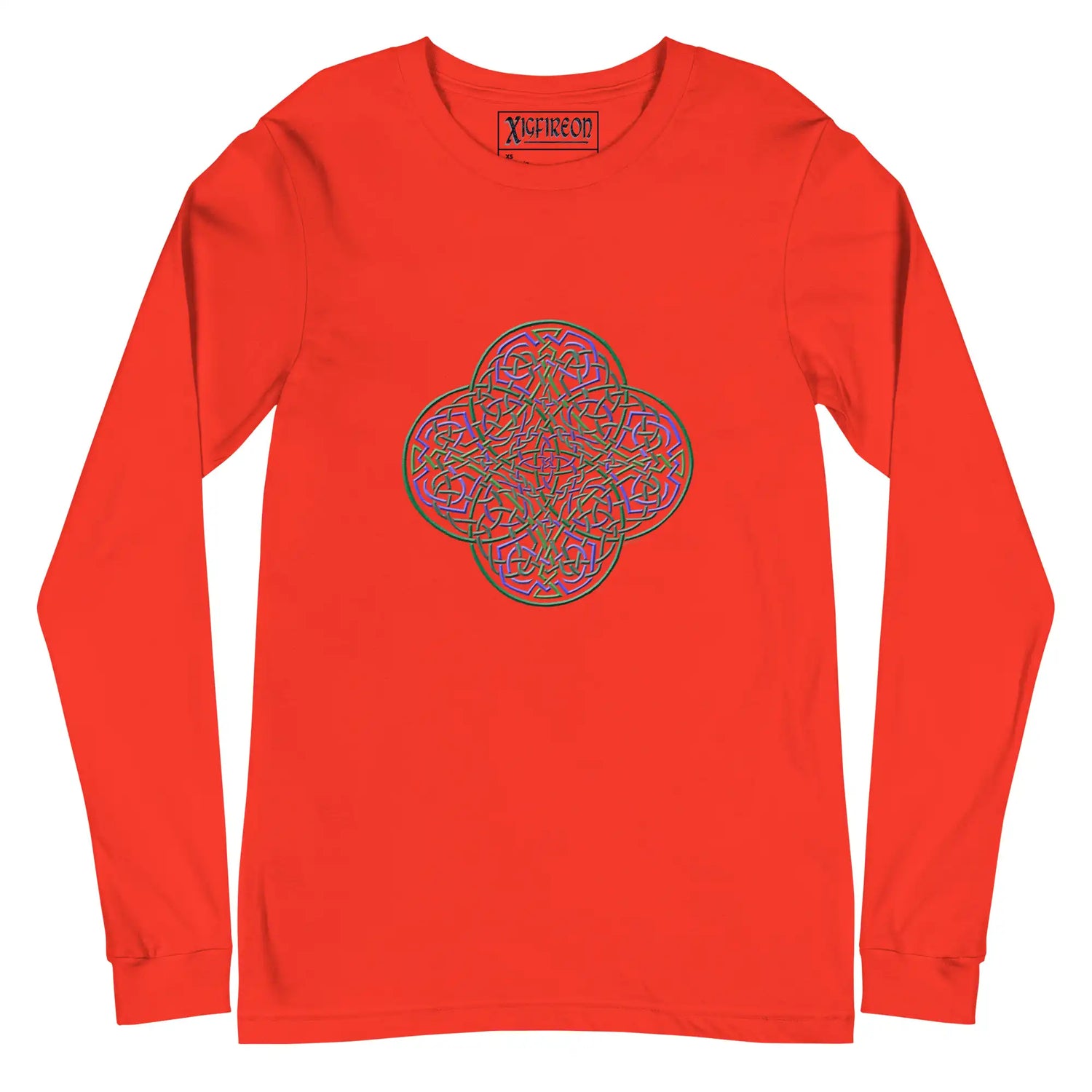 A poppy Xigfireon long sleeve graphic t-shirt featuring the Living Colour iteration of the Reach Of The Spirit Celtic knot design. The Reach Of The Spirit Celtic knot symbolizes Mother Earth.