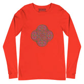 A poppy Xigfireon long sleeve graphic t-shirt featuring the Living Colour iteration of the Reach Of The Spirit Celtic knot design. The Reach Of The Spirit Celtic knot symbolizes Mother Earth.