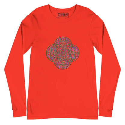A poppy Xigfireon long sleeve graphic t-shirt featuring the Living Colour iteration of the Reach Of The Spirit Celtic knot design. The Reach Of The Spirit Celtic knot symbolizes Mother Earth.