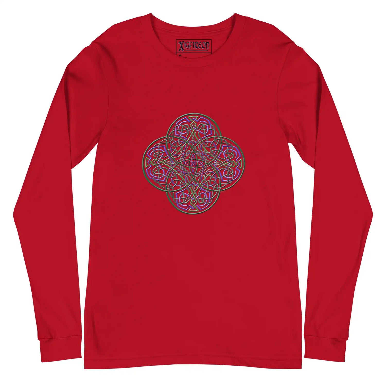 A red Xigfireon long sleeve graphic t-shirt featuring the Living Colour iteration of the Reach Of The Spirit Celtic knot design. The Reach Of The Spirit Celtic knot symbolizes Mother Earth.