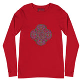 A red Xigfireon long sleeve graphic t-shirt featuring the Living Colour iteration of the Reach Of The Spirit Celtic knot design. The Reach Of The Spirit Celtic knot symbolizes Mother Earth.