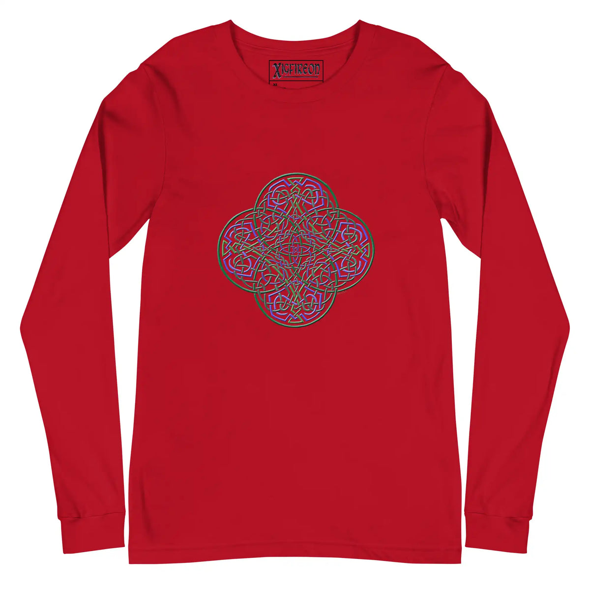 A red Xigfireon long sleeve graphic t-shirt featuring the Living Colour iteration of the Reach Of The Spirit Celtic knot design. The Reach Of The Spirit Celtic knot symbolizes Mother Earth.