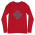 A red Xigfireon long sleeve graphic t-shirt featuring the Living Colour iteration of the Reach Of The Spirit Celtic knot design. The Reach Of The Spirit Celtic knot symbolizes Mother Earth.