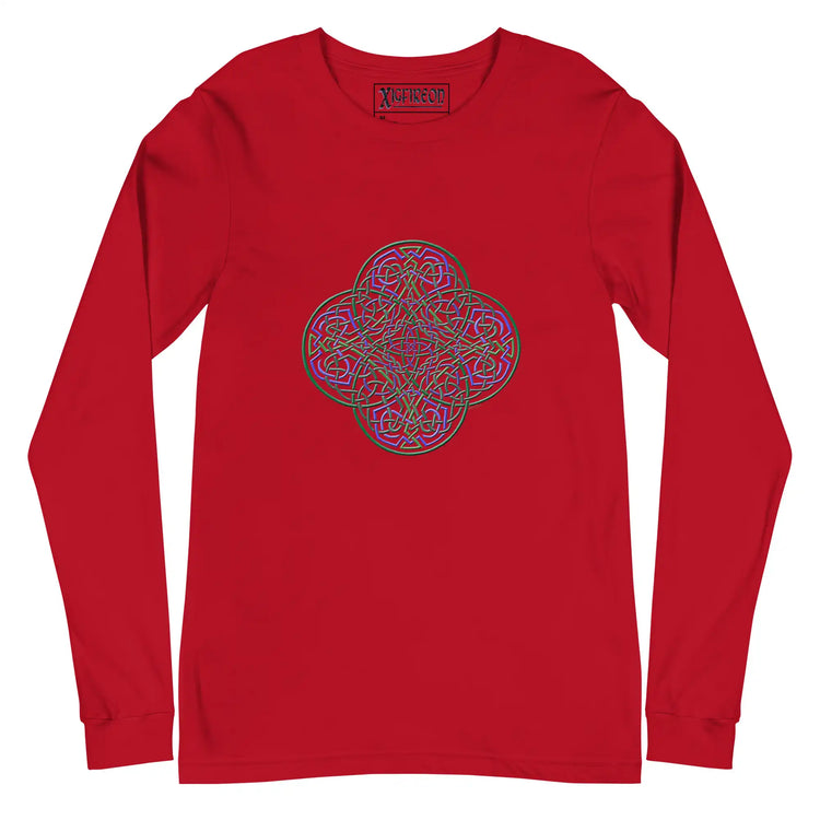 A red Xigfireon long sleeve graphic t-shirt featuring the Living Colour iteration of the Reach Of The Spirit Celtic knot design. The Reach Of The Spirit Celtic knot symbolizes Mother Earth.