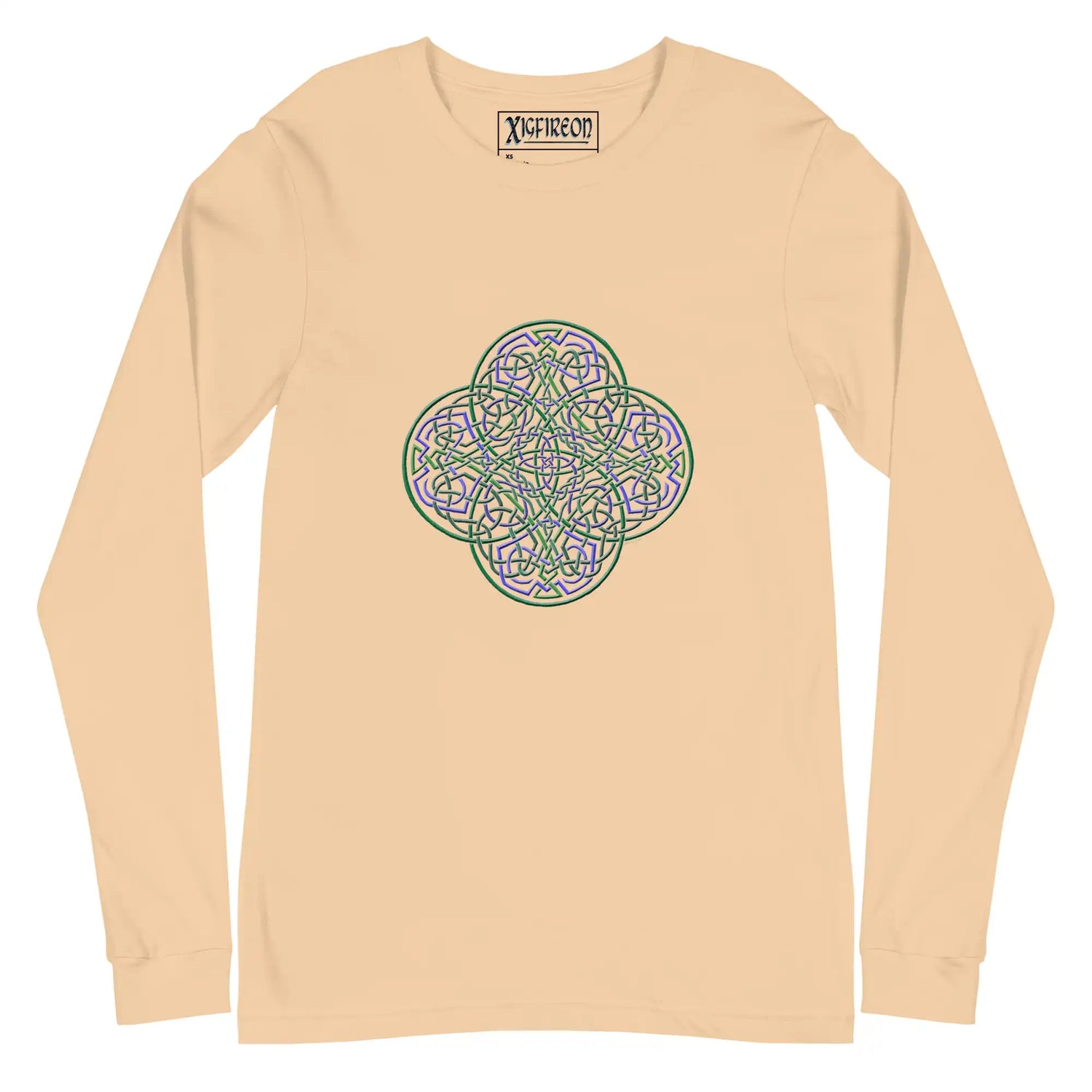 A sand dune Xigfireon long sleeve graphic t-shirt featuring the Living Colour iteration of the Reach Of The Spirit Celtic knot design. The Reach Of The Spirit Celtic knot symbolizes Mother Earth.