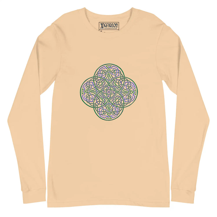 A sand dune Xigfireon long sleeve graphic t-shirt featuring the Living Colour iteration of the Reach Of The Spirit Celtic knot design. The Reach Of The Spirit Celtic knot symbolizes Mother Earth.