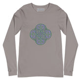 A storm grey Xigfireon long sleeve graphic t-shirt featuring the Living Colour iteration of the Reach Of The Spirit Celtic knot design. The Reach Of The Spirit Celtic knot symbolizes Mother Earth.