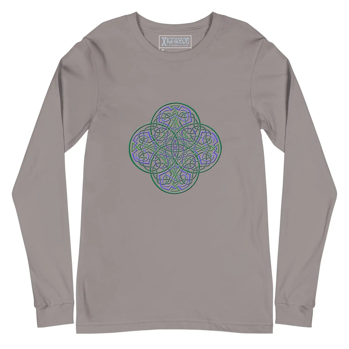 A storm grey Xigfireon long sleeve graphic t-shirt featuring the Living Colour iteration of the Reach Of The Spirit Celtic knot design. The Reach Of The Spirit Celtic knot symbolizes Mother Earth.