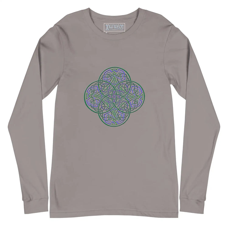 A storm grey Xigfireon long sleeve graphic t-shirt featuring the Living Colour iteration of the Reach Of The Spirit Celtic knot design. The Reach Of The Spirit Celtic knot symbolizes Mother Earth.