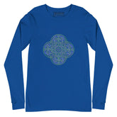 A true royal blue Xigfireon long sleeve graphic t-shirt featuring the Living Colour iteration of the Reach Of The Spirit Celtic knot design. The Reach Of The Spirit Celtic knot symbolizes Mother Earth.