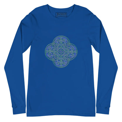 A true royal blue Xigfireon long sleeve graphic t-shirt featuring the Living Colour iteration of the Reach Of The Spirit Celtic knot design. The Reach Of The Spirit Celtic knot symbolizes Mother Earth.