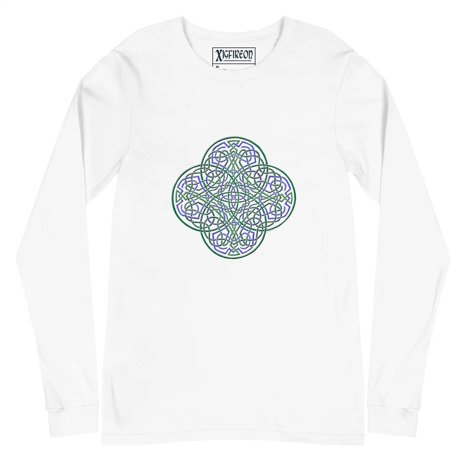 A white Xigfireon long sleeve graphic t-shirt featuring the Living Colour iteration of the Reach Of The Spirit Celtic knot design. The Reach Of The Spirit Celtic knot symbolizes Mother Earth.