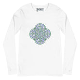 A white Xigfireon long sleeve graphic t-shirt featuring the Living Colour iteration of the Reach Of The Spirit Celtic knot design. The Reach Of The Spirit Celtic knot symbolizes Mother Earth.