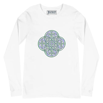 A white Xigfireon long sleeve graphic t-shirt featuring the Living Colour iteration of the Reach Of The Spirit Celtic knot design. The Reach Of The Spirit Celtic knot symbolizes Mother Earth.