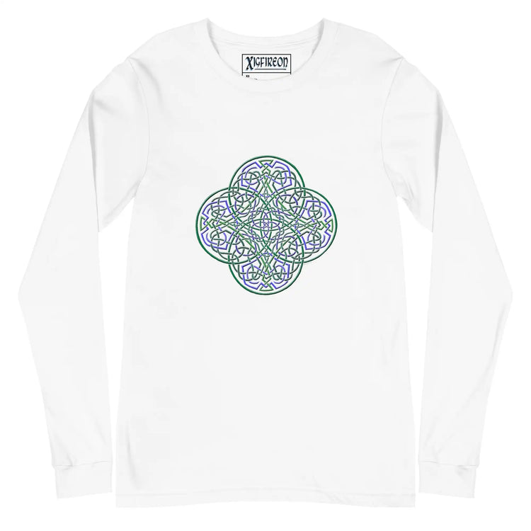 A white Xigfireon long sleeve graphic t-shirt featuring the Living Colour iteration of the Reach Of The Spirit Celtic knot design. The Reach Of The Spirit Celtic knot symbolizes Mother Earth.