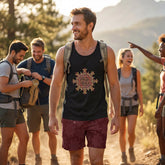 A young man shown hiking with friends. He&