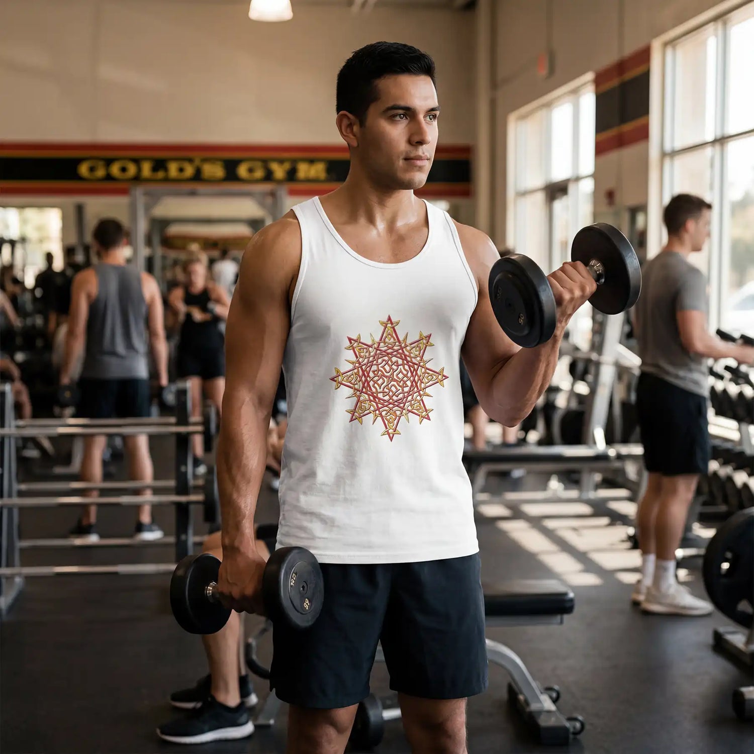 A young man workingout with dumbbells at a gym wearing a white Xigfireon graphic tank top featuring the Fire Colour iteration of the Morning Star Fire Celtic knot design.