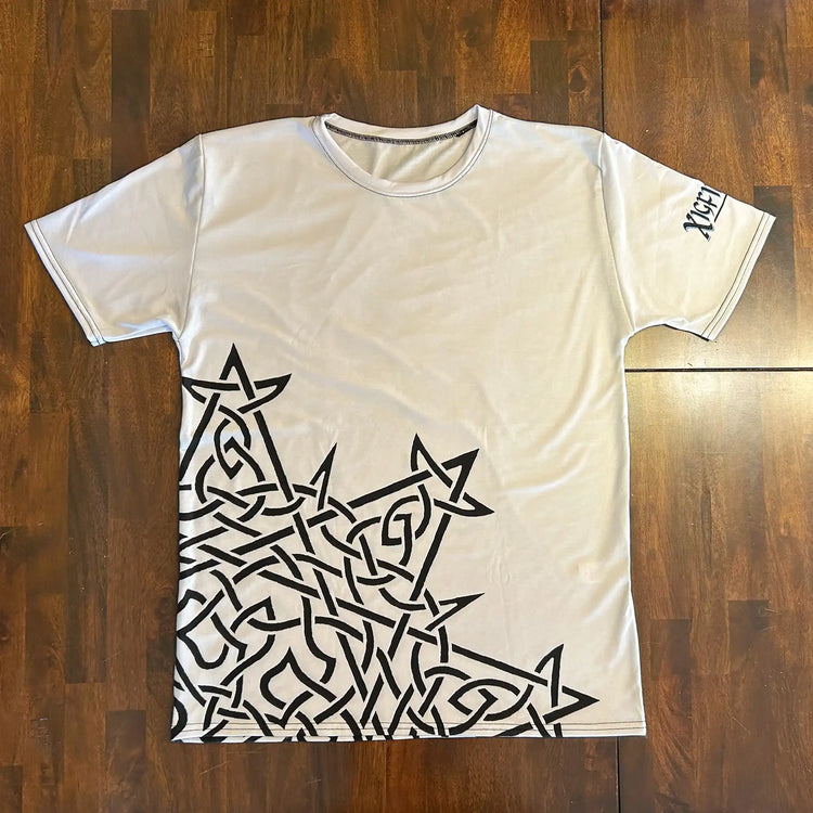 A full view of a white Xigfireon graphic mens t-shirt featuring the Black Sunset iteration of the Morning Star Fire Celtic knot design.