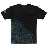 The back side of a black Xigfireon graphic mens t-shirt featuring the Living Colour Outline iteration of the Reach Of The Spirit Celtic knot design.