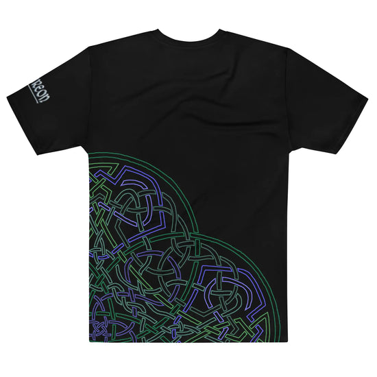 The back side of a black Xigfireon graphic mens t-shirt featuring the Living Colour Outline iteration of the Reach Of The Spirit Celtic knot design.