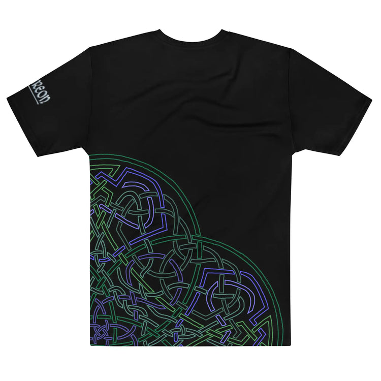 The back side of a black Xigfireon graphic mens t-shirt featuring the Living Colour Outline iteration of the Reach Of The Spirit Celtic knot design.