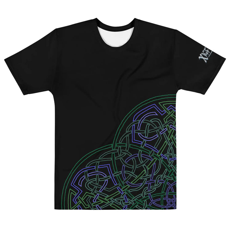 The front side of a black Xigfireon graphic mens t-shirt featuring the Living Colour Outline iteration of the Reach Of The Spirit Celtic knot design.