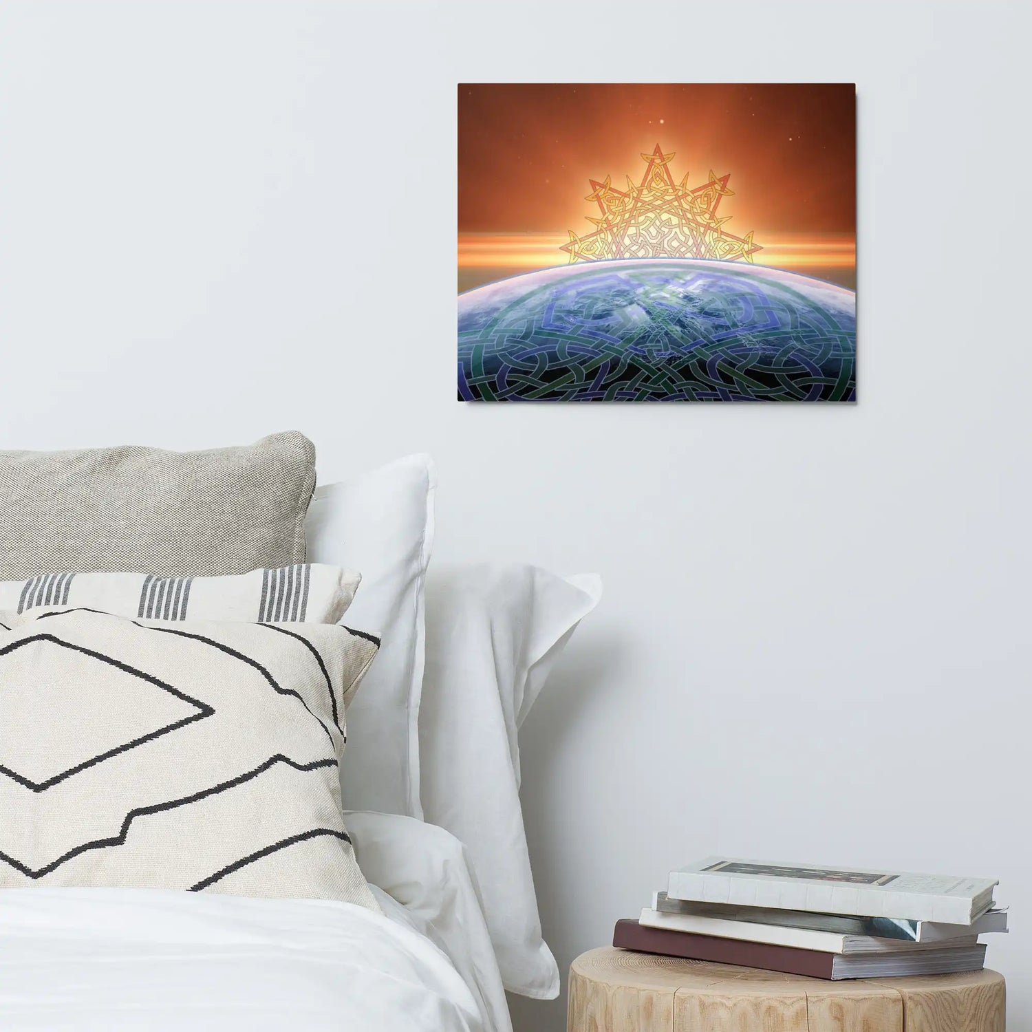 A bedroom scene featuring a bed, a nightstand, and a Xigfireon 16" x 20" glossy metal print of the Derivation II Celtic knot design, which represents the Sun and the Earth in their cosmic dance.