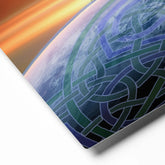 A close-up view of a 16" x 20" glossy metal print of the Derivation II Celtic knot design, which represents the Sun and the Earth in their cosmic dance.