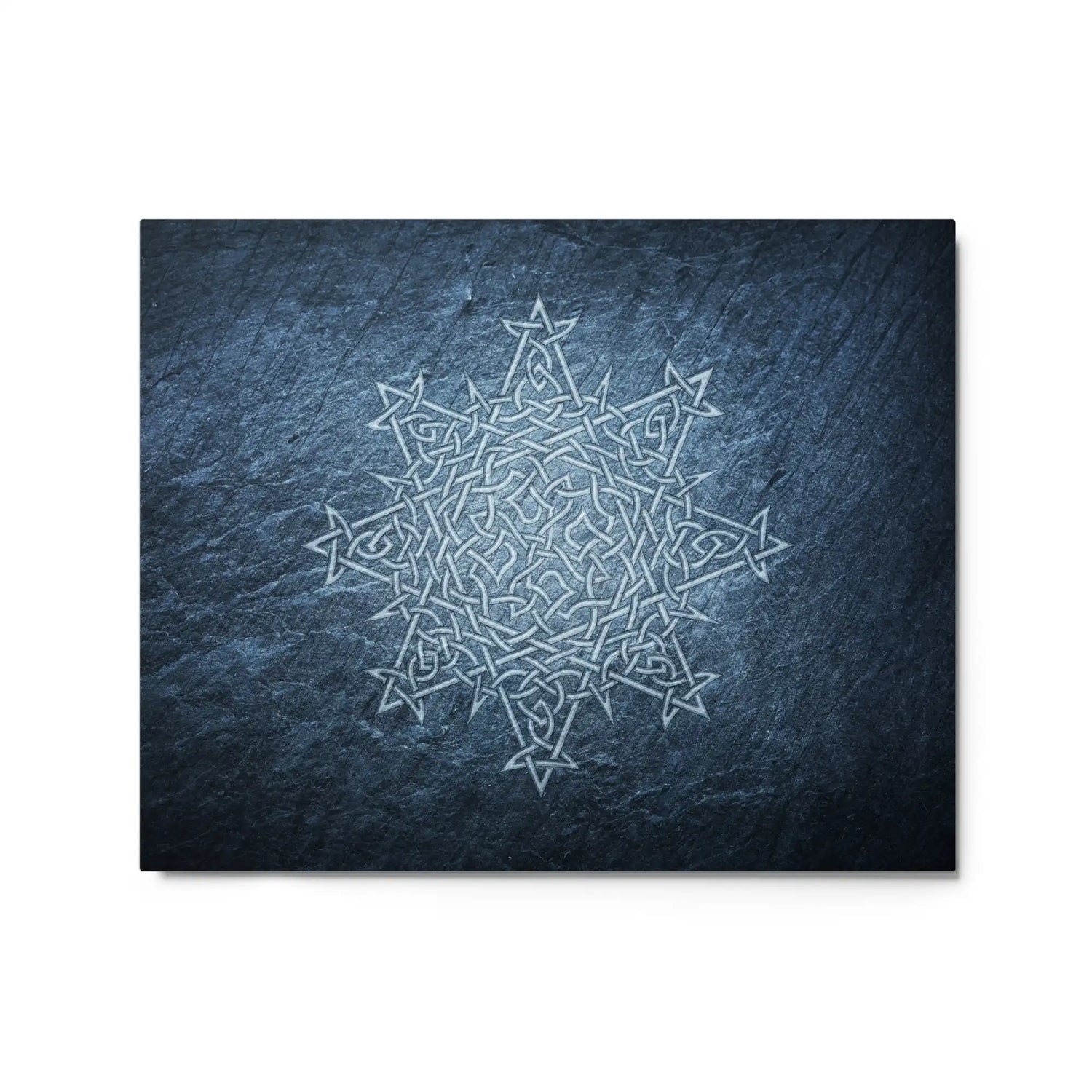 A 16" x 20" glossy metal print of the Blue Slate iteration of the Morning Star Fire Celtic knot design.