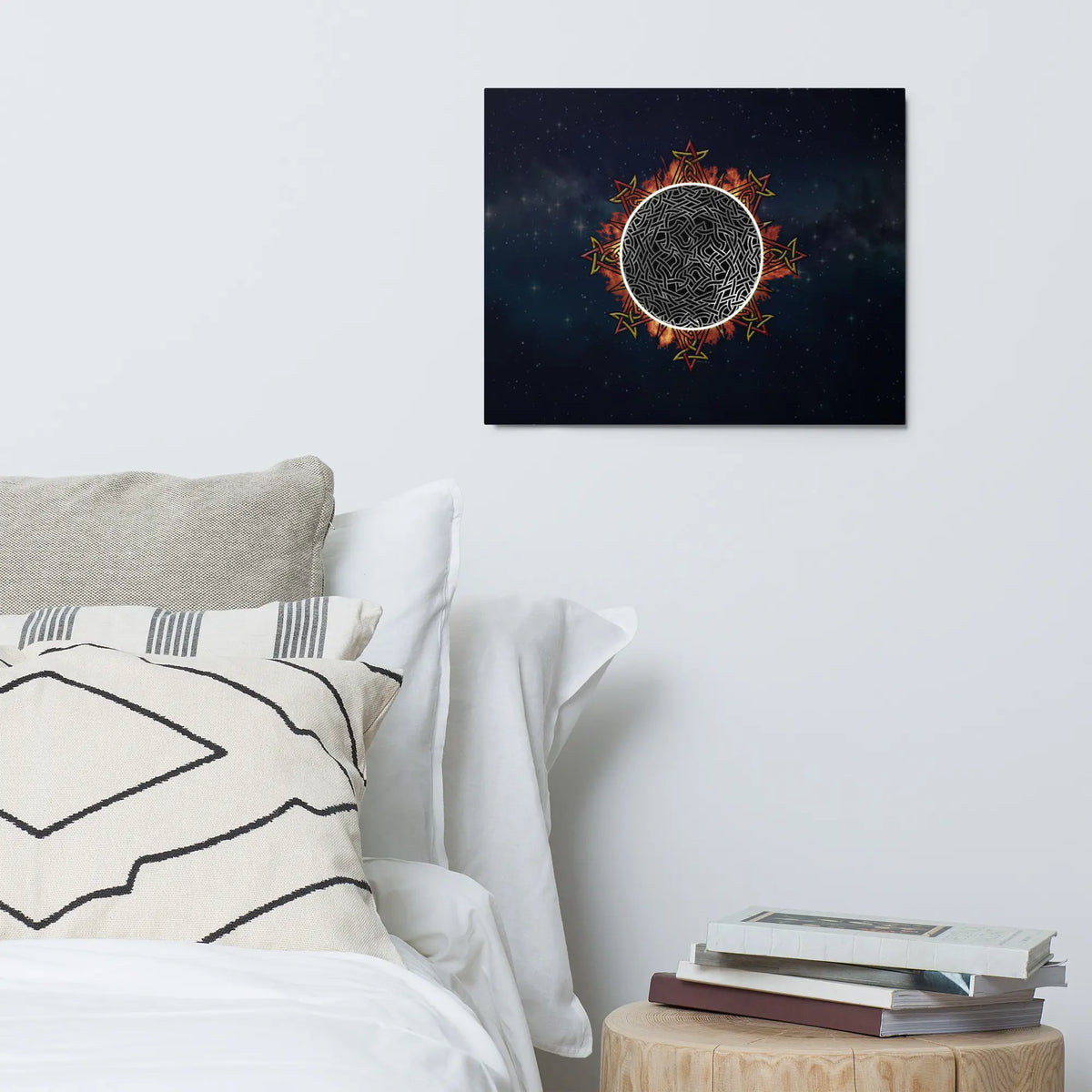 A bedroom wall displaying a 16" x 20" glossy metal print of Xigfireon&