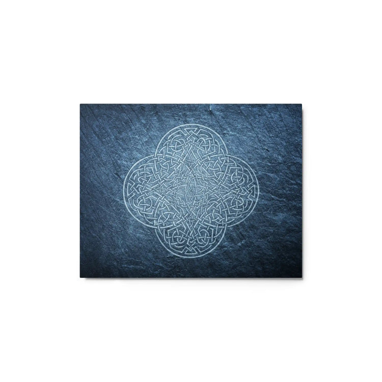 An 11" x 14" glossy metal art print of the Blue Slate iteration of the Reach Of The Spirit Celtic knot design.