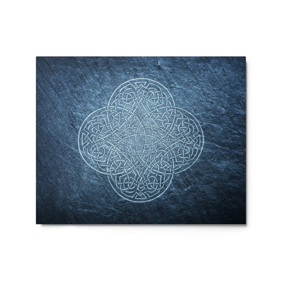A 16" x 20" glossy metal art print of the Blue Slate iteration of the Reach Of The Spirit Celtic knot design.