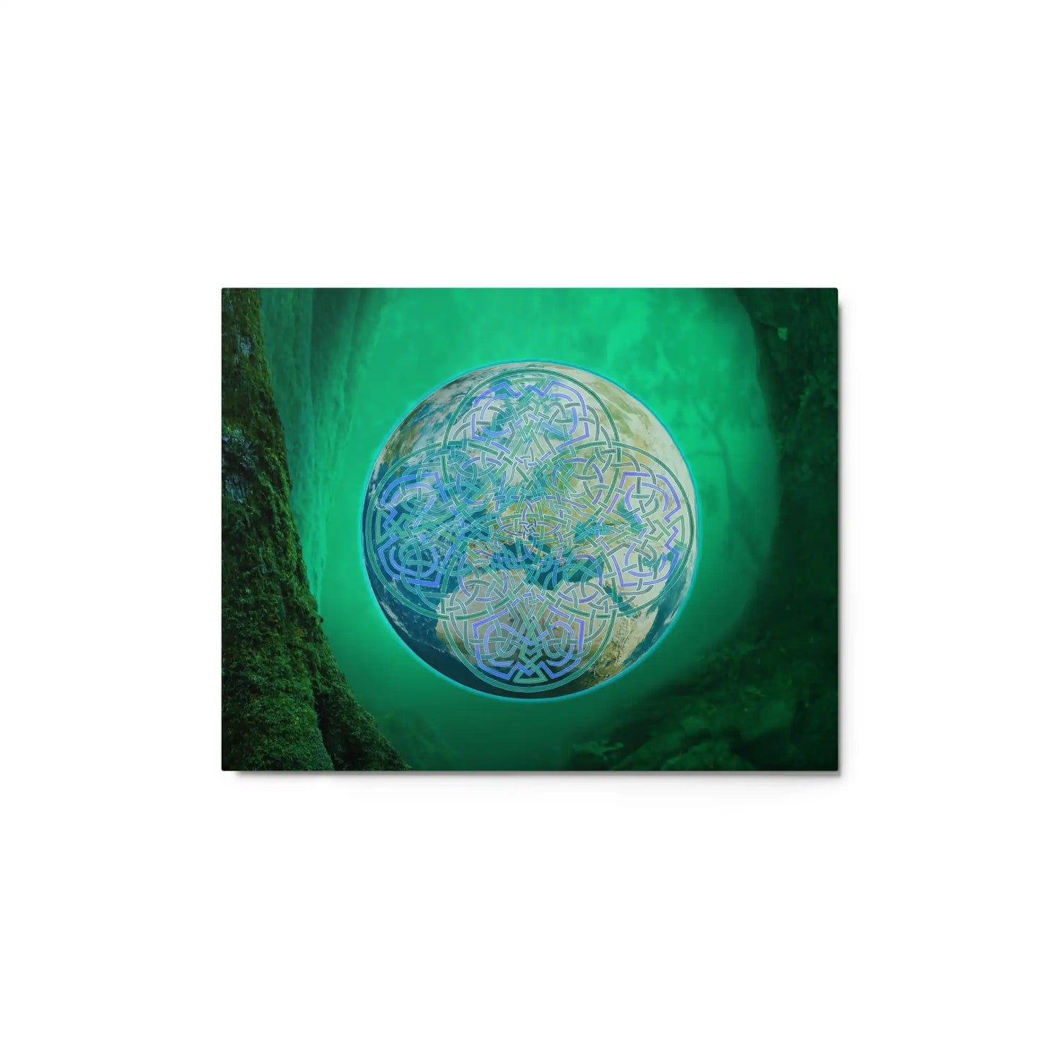 An 11" x 14" glossy metal print of the Deep Forest iteration of the Reach Of The Spirit Celtic knot design. The Reach Of The Spirit Celtic knot symbolizes Mother Earth.