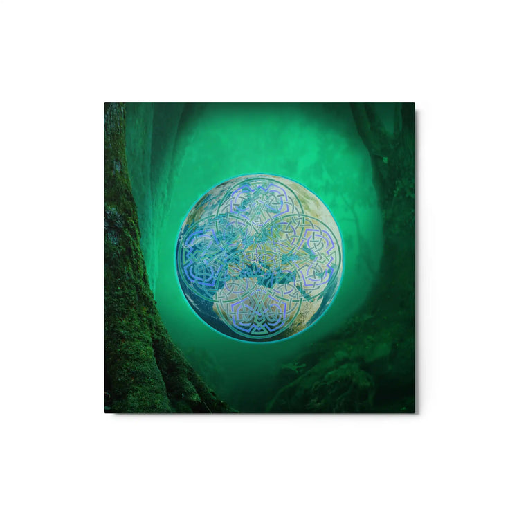 A 12" x 12" glossy metal print of the Deep Forest Slate iteration of the Reach Of The Spirit Celtic knot design. The Reach Of The Spirit Celtic knot symbolizes Mother Earth.