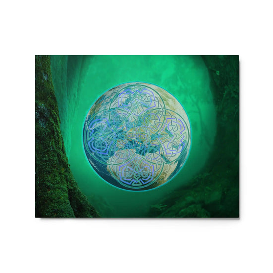 A 16" x 20" glossy metal print of the Deep Forest iteration of the Reach Of The Spirit Celtic knot design. The Reach Of The Spirit Celtic knot symbolizes Mother Earth.