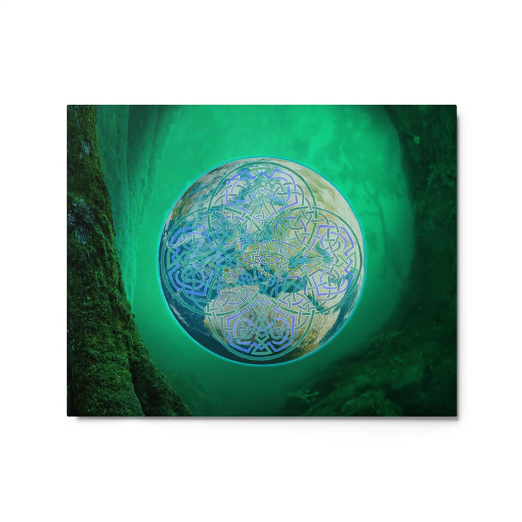 A 16" x 20" glossy metal print of the Deep Forest iteration of the Reach Of The Spirit Celtic knot design. The Reach Of The Spirit Celtic knot symbolizes Mother Earth.