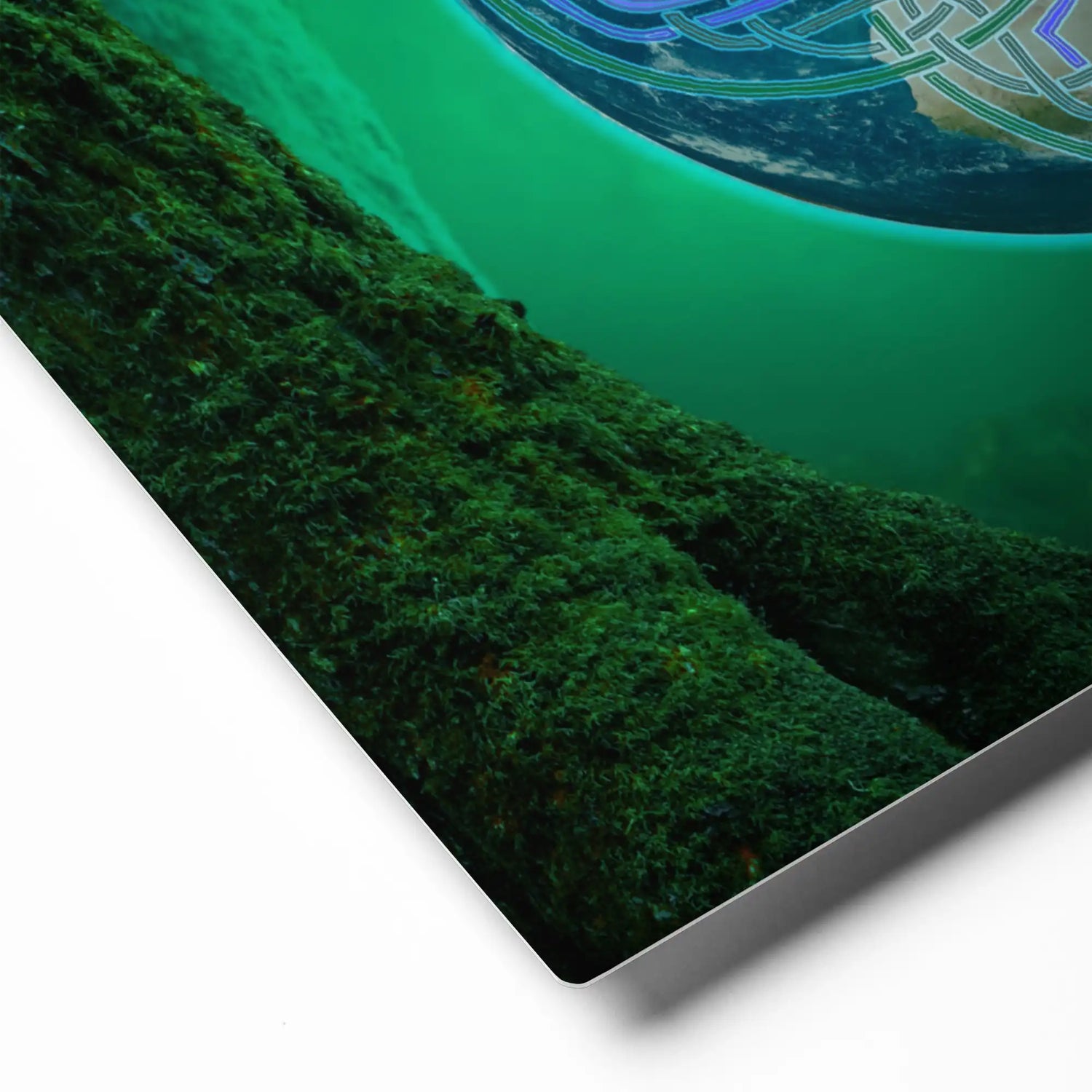 A close-up view of the corner of a 16" x 20" glossy metal print of the Deep Forest iteration of the Reach Of The Spirit Celtic knot design. The Reach Of The Spirit Celtic knot symbolizes Mother Earth.